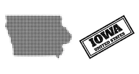 Halftone Map of Iowa State and Grunge Framed Stamp Seal Stock Illustration