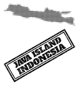Halftone Map of Java Island and Scratched Framed Seal Illustration