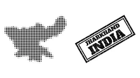 Halftone Map of Jharkhand State and Scratched Framed Watermark Stock Illustration