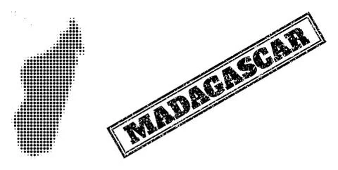 Halftone Map of Madagascar Island and Textured Framed Seal Stock Illustration