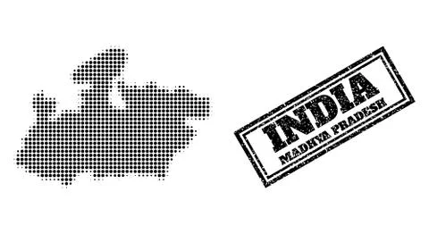Halftone Map of Madhya Pradesh State and Scratched Framed Seal Stock Illustration