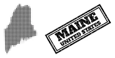 Halftone Map of Maine State and Unclean Framed Watermark Illustrazione stock