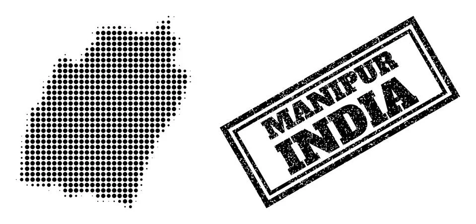 Halftone Map of Manipur State and Scratched Framed Stamp Stock Illustration