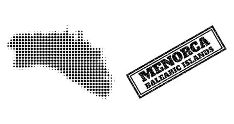 Halftone Map of Menorca Island and Textured Framed Stamp Seal Stock Illustration