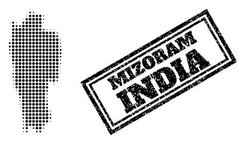 Halftone Map of Mizoram State and Unclean Framed Stamp Seal Stock Illustration