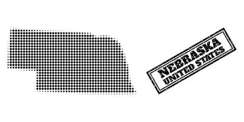 Halftone Map of Nebraska State and Scratched Framed Watermark Illustrazione stock