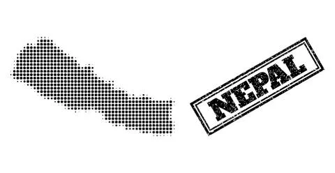 Halftone Map of Nepal and Textured Framed Watermark Stock Illustration