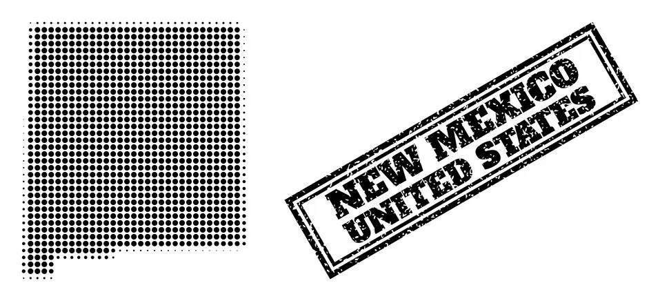 Halftone Map of New Mexico State and Scratched Framed Seal Stock Illustration
