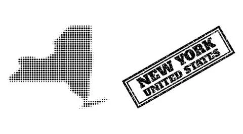 Halftone Map of New York State and Scratched Framed Watermark Stock Illustration
