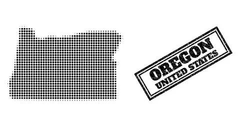 Halftone Map of Oregon State and Unclean Framed Seal Stock Illustration