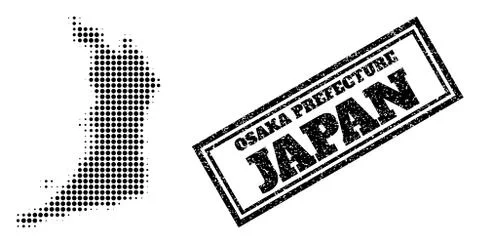 Halftone Map of Osaka Prefecture and Scratched Framed Stamp Seal Stock Illustration