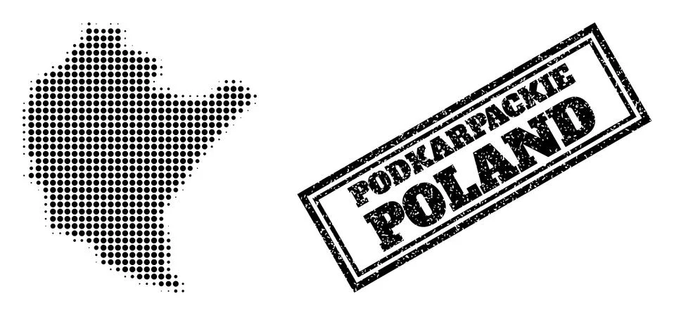 Halftone Map of Podkarpackie Province and Scratched Framed Seal Stock Illustration