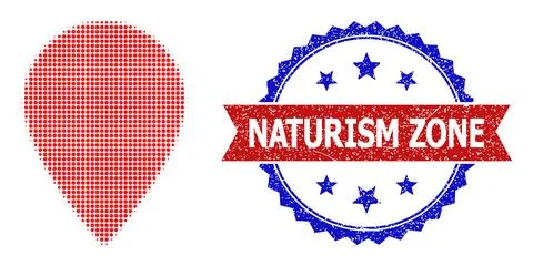 Halftone Map Pointer Icon and Unclean Bicolor Naturism Zone Stamp Seal Stock Illustration