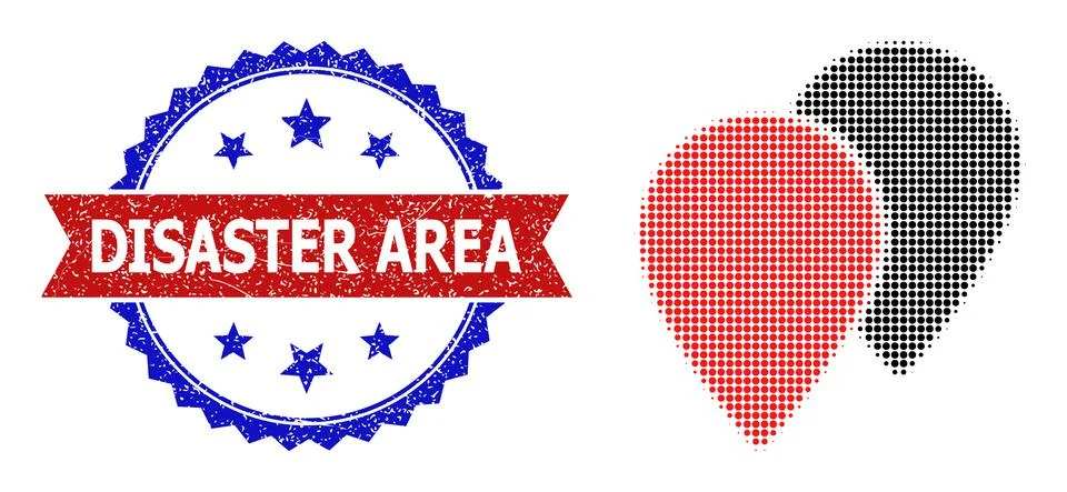 Halftone Map Pointers Icon and Distress Bicolor Disaster Area Stamp イラスト素材