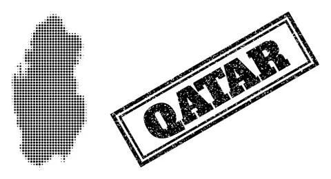Halftone Map of Qatar and Unclean Framed Watermark Stock Illustration
