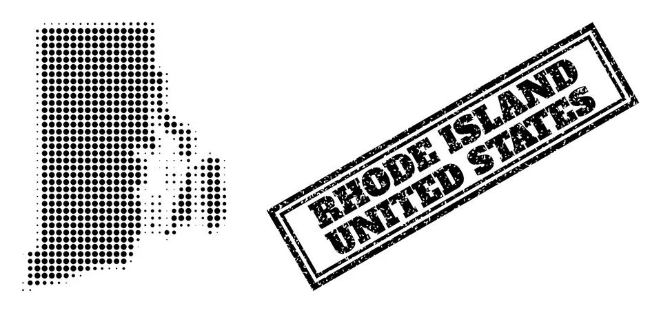 Halftone Map of Rhode Island State and Unclean Framed Stamp Stock Illustration