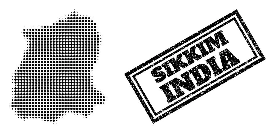 Halftone Map of Sikkim State and Distress Framed Stamp Seal Stock Illustration
