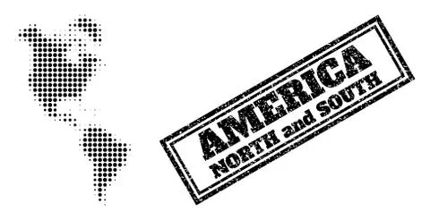 Halftone Map of South and North America and Scratched Framed Stamp Stock Illustration