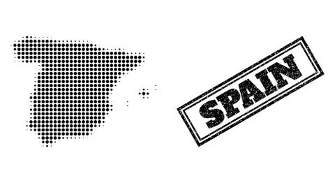 Halftone Map of Spain and Textured Framed Seal Stock Illustration