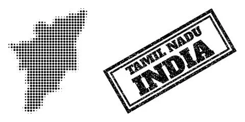 Halftone Map of Tamil Nadu State and Scratched Framed Watermark Stock Illustration