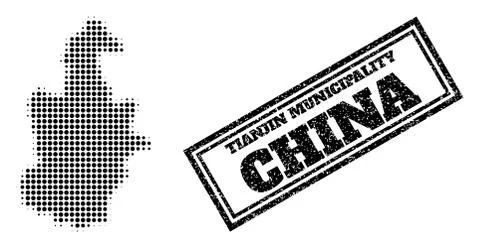 Halftone Map of Tianjin Municipality and Textured Framed Stamp Stock Illustration