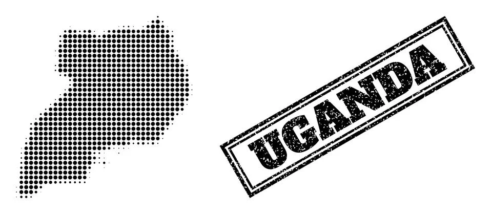 Halftone Map of Uganda and Textured Framed Stamp Seal Stock Illustration