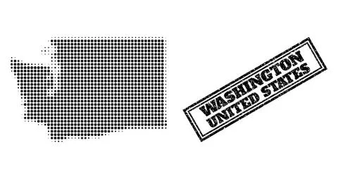 Halftone Map of Washington State and Grunge Framed Watermark Stock Illustration