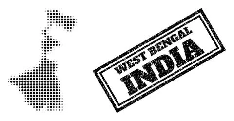 Halftone Map of West Bengal State and Scratched Framed Watermark Stock Illustration
