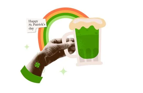 Halftone mixed media collage with hand holding beer mug with the rainbow over Ilustração Stock