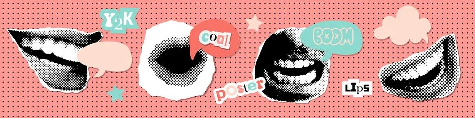 Halftone mouths set with comic speech bubble. Concept of advertisement Stock Illustration