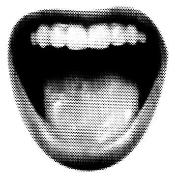 Halftone open mouth in scream. Collage design lips in trendy magazine style.. Stockillustratie