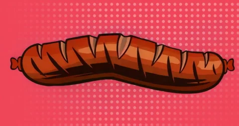Halftone pattern fading in behind sausage causing gentle wobbling loop over flat Video stock 315525278