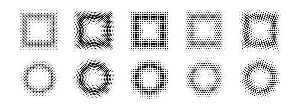 Halftone pixel frames set. Dotted textured round and square borders. Cartoon Stock Illustration