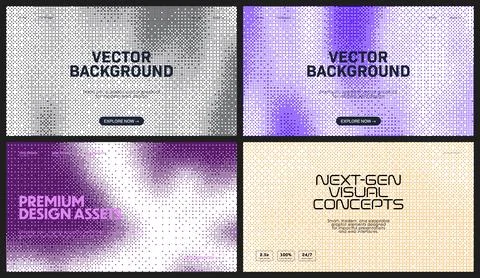 Halftone pixel pattern background collection. Four abstract dotted gradient.. 库存插图