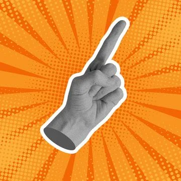 Halftone pointing hand on pop art background. Retro style collage hand Stock Illustration