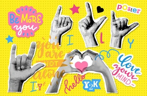 Halftone poster with lovely hands set. Love collage elements. Heart Gesture sign Illustrazione stock