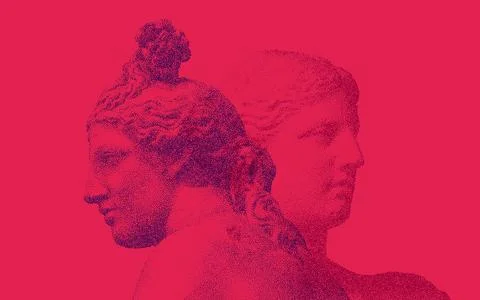 Halftone Print of Classical Sculpture. Retro Pop Art Style with Dual Ancient Illustrazione stock