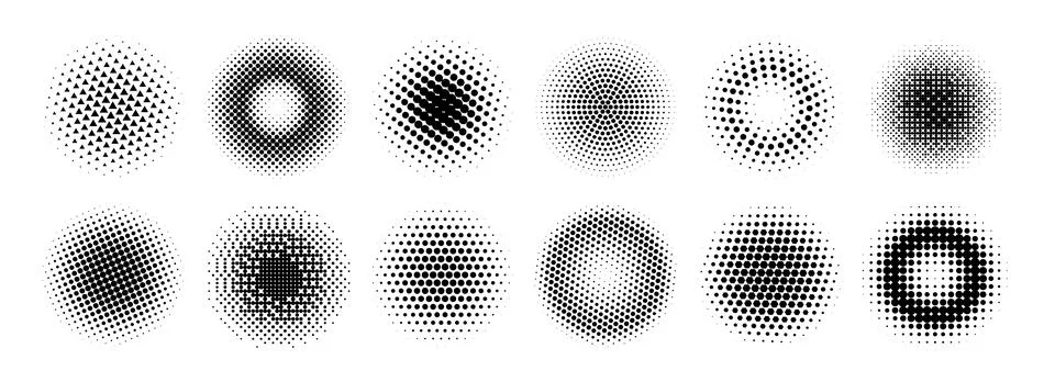 Halftone radial gradient collection. Dotted textured round patterns. Cartoon イラスト素材