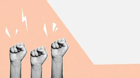 Halftone Raised Fists Copy Space Peach Background Illustration Stock Illustration
