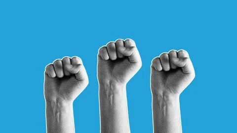 Halftone Raised Fists Protest Power Blue Loop Animation Stock Footage 340285371