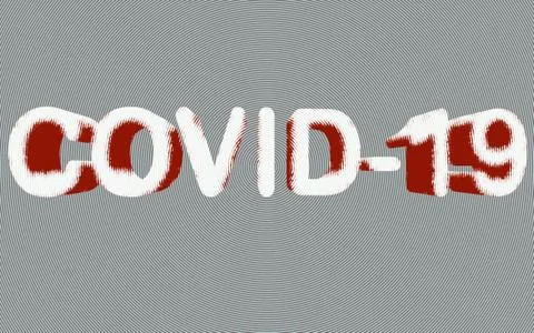 Halftone red and white 3d graphic reading COVID-19 on gray background Illustrazione stock