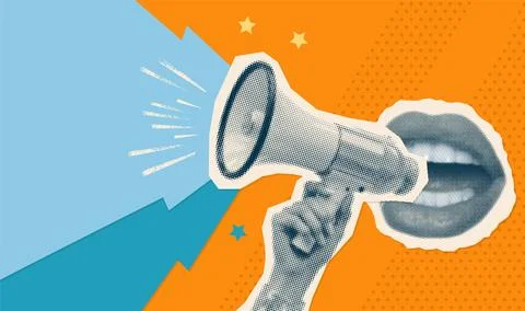 Halftone retro collage with shouting mouth and hand holding loudspeaker Stock Illustration