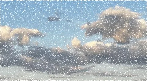 Halftone retro sky with photocopy effect. Blue and white dotted clouds in p.. Stock Illustration