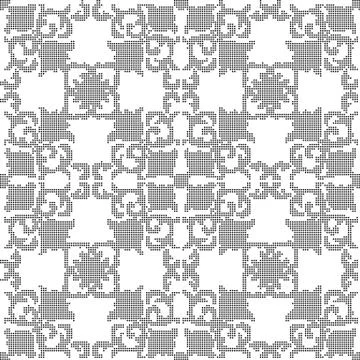 Halftone round black seamless background spiral curve square cross flower Stock Illustration