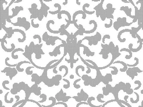 Halftone round black seamless background oriental Chinese botanic spiral flow Stock-Illustration