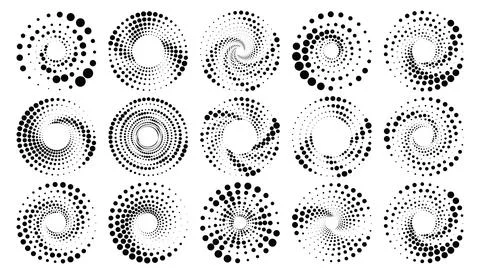 Halftone round elements, twisters, halftone circular textures with dots, ra.. Stock Illustration