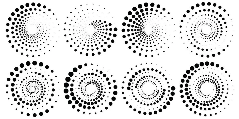 Halftone round elements, twisters, halftone circular textures with dots, ci.. Stock Illustration