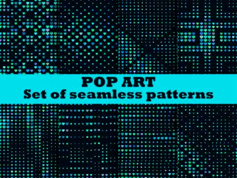 Halftone seamless pattern set, dotted backdrop with heart pop art style. St.  Stock Illustration