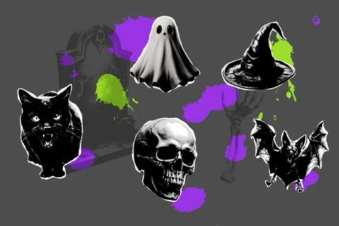 Halftone set of collage elements for Halloween, cut paper. Trending Stock Illustration