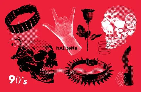 Halftone set of dotted rose, rock gesture, skull in dor point realistic Stock Illustration